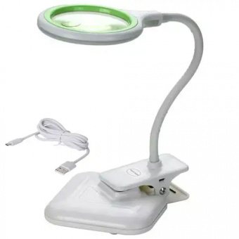 картинка Лупа-лампа ZD-127 настольная+прищепка, LED подсв. (10W), 3D+12D, Ø100мм, USB 5V, стекло от интернет магазина Radiovip