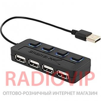 картинка Хаб USB 2.0 4 порта, Black, 480Mbts питание от USB, с кнопкой LED от интернет магазина Radiovip