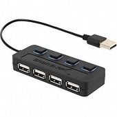 картинка Хаб USB 2.0 4 порта, Black, 480Mbts питание от USB, с кнопкой LED от интернет магазина Radiovip