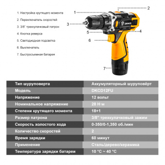 картинка Аккумуляторный шуруповёрт DEKO 12В DKCD12FU-LI от интернет магазина Radiovip